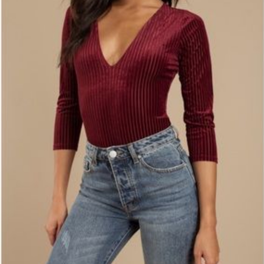 Tobi M Deep V Wine Velvet Stripped bodysuit